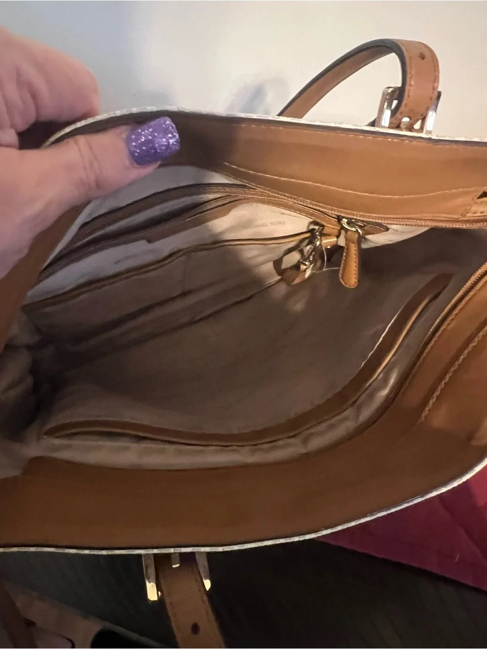 Michael Kors Cream Signature Tote with Tan Leather Trim